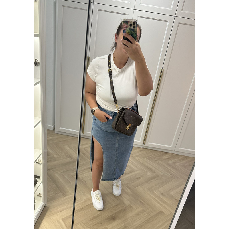 Spódnica jeansowa z rozcięciem midi - niebieska plus size