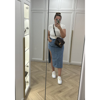 Spódnica jeansowa z rozcięciem midi - niebieska plus size