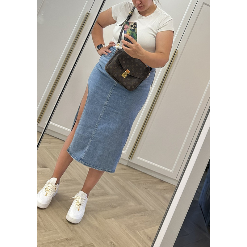 Spódnica jeansowa z rozcięciem midi - niebieska plus size
